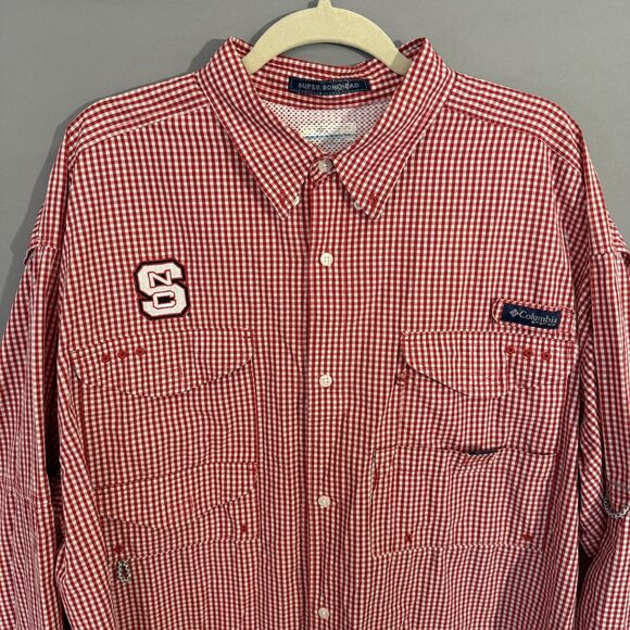 Columbia PFG 4X Super Bonehead NC State Mens Red Checkered Vented Tailgate Shirt - Picture 2 of 12